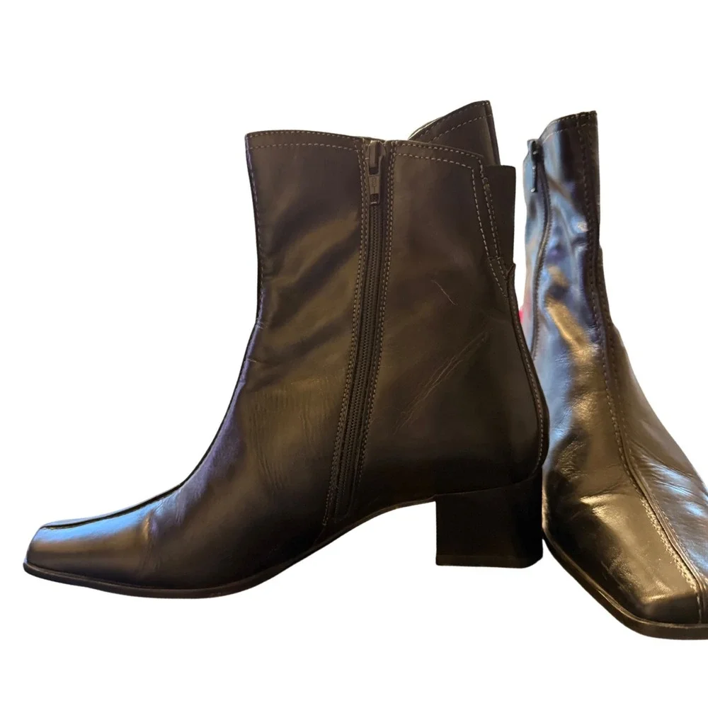 COSMO‎ Paris Black Leather Square Toe Block Heel Ankle Boots Womens Size 36